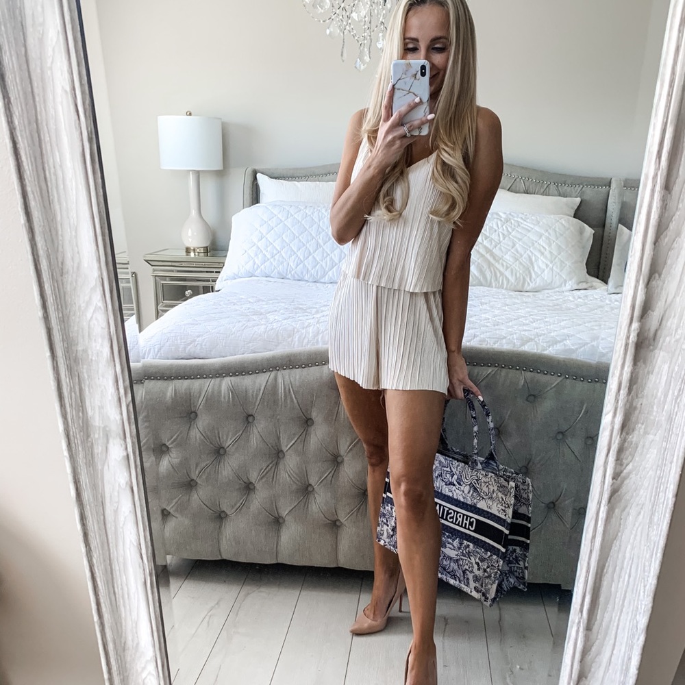 LAST ONE!! (Large) Champagne Pleated Satin Romper - Picture 6 of 14